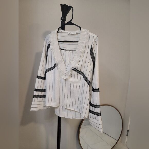 Self-portrait White & Black Pinstripe Ruffle Blouse US 6 Women's - Picture 1 of 7